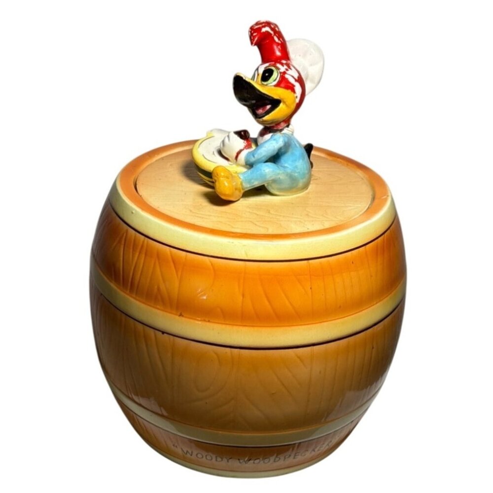 Vtg Woody Woodpecker Cookie Jar Barrel Design Ceramic Collectible Lid 9" Tall